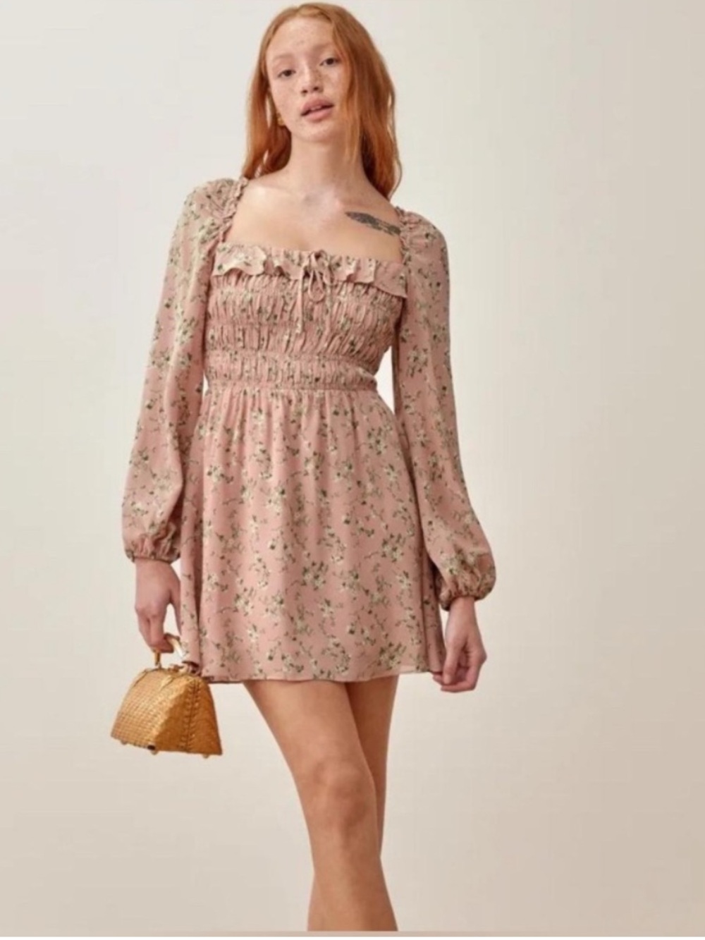 Reformation | Morris Blush Floral Smocked Long-Sleeve Mini Dress Cottage Fairy